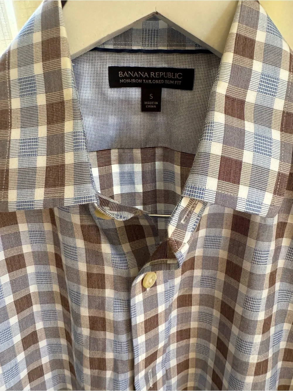 Banana Republic Men Modern Fit Brown Blue Plaid Dress Shirt Small Non Iron